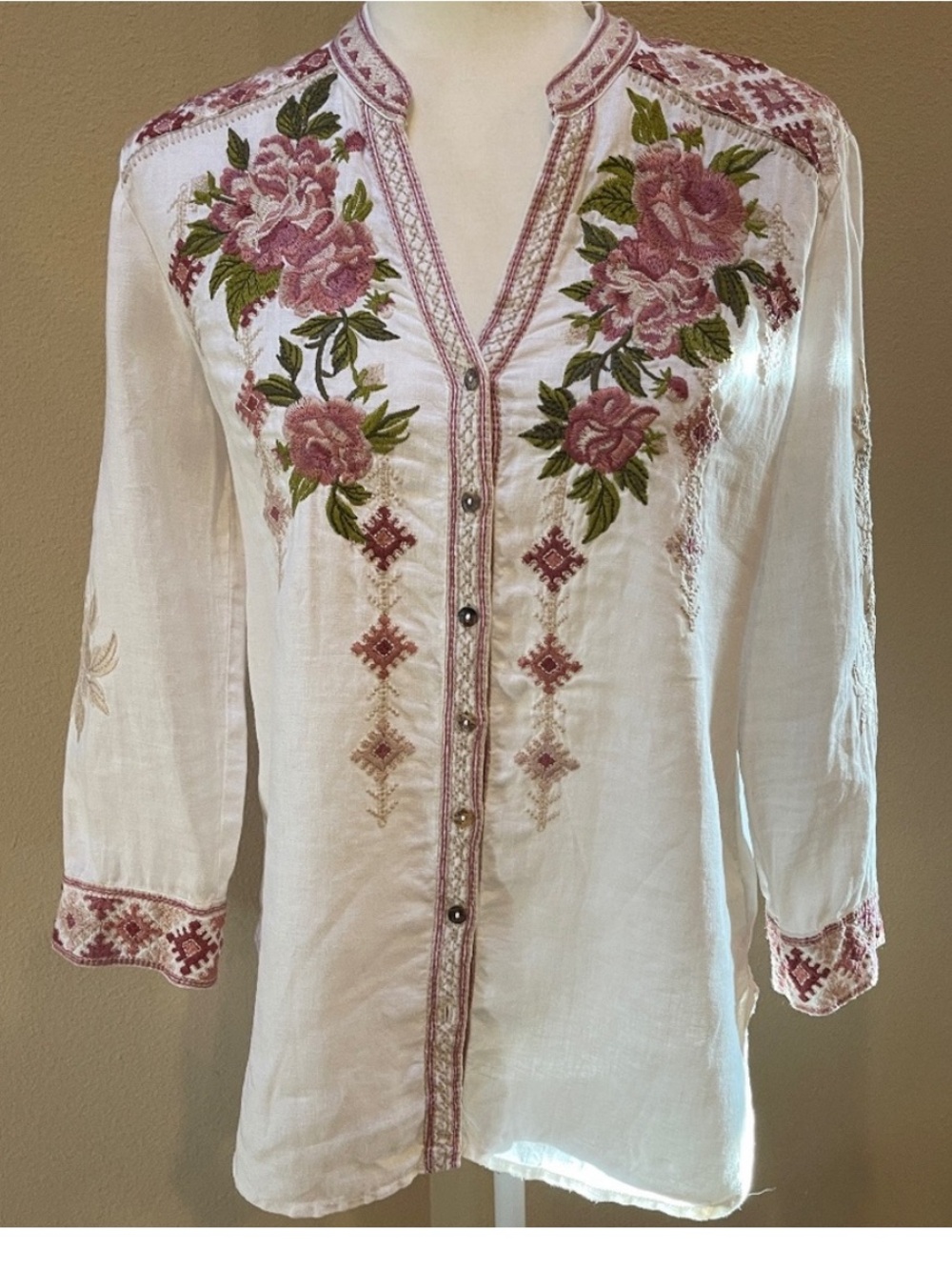 Johnny Was White Pink Floral Rose Embroidered Top Blouse Tunic Extra Large